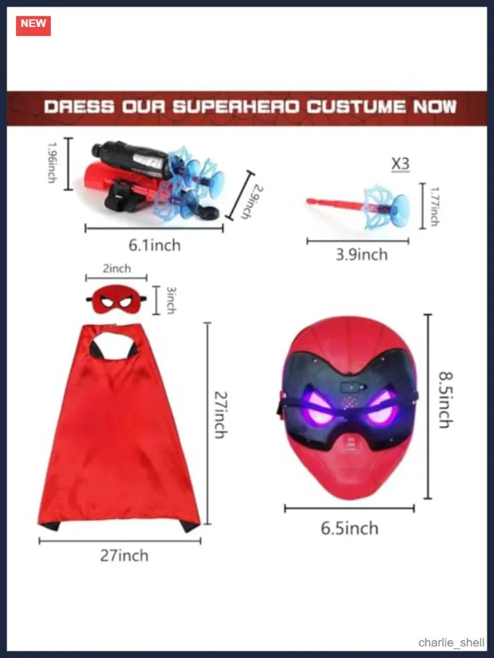 Kids Superhero Costume Set Cape LED Mask Web Shooter Felt Eye Mask